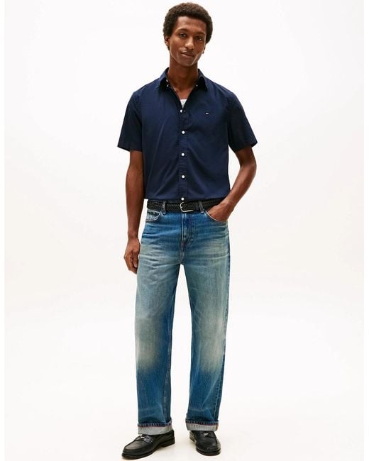 Tommy Hilfiger Blue Core Flex Poplin Solid Short Sleeve Shirt for men