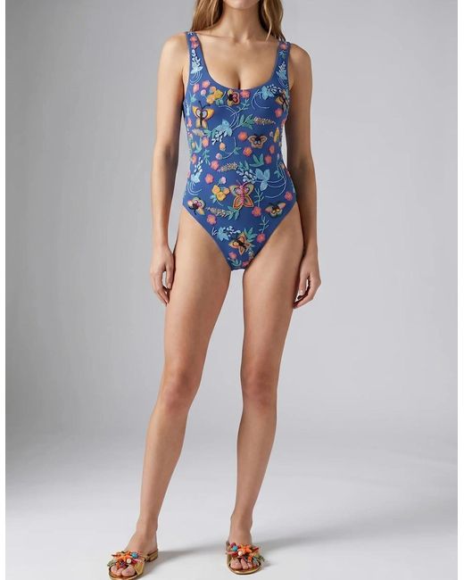 Oceanus Blue Alabama Floral Hand Embroidered One Piece Swimsuit Multi Colour