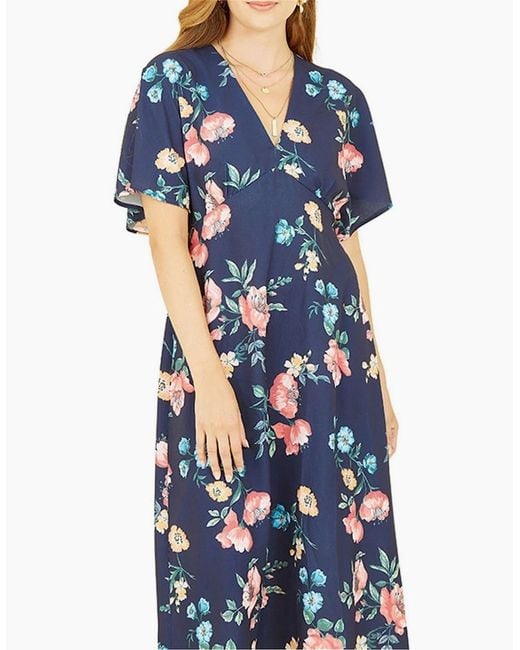 Yumi' Blue Floral V-Neck Midi Wrap Dress