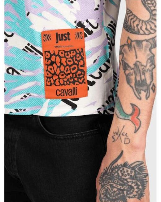 Just Cavalli Blue Camologo Cotton Allover Design Polo Shirt for men