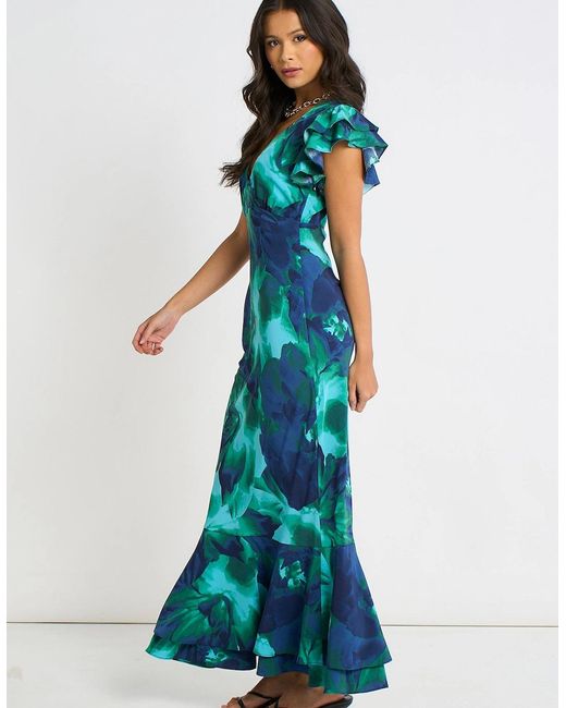 Gini London Blue Watercolour Floral Maxi Dress