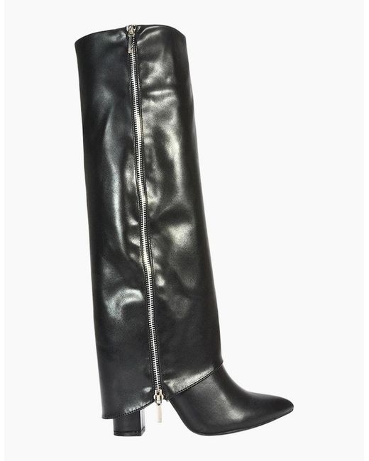 XY London Black Ladies Allie Fold Over Pointed Side Zip Knee-High Boots