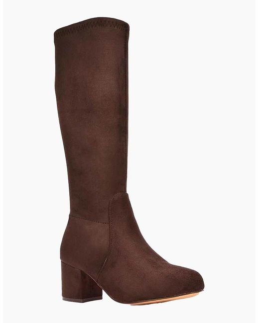 XY London Brown Ladies Masie Knee-High Low Mid Block Heel Boots