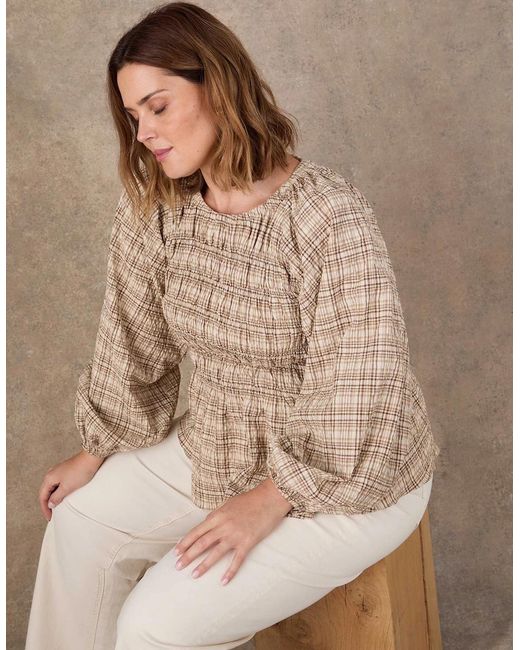 Live Unlimited London Brown Check Shirred Long Sleeve Top