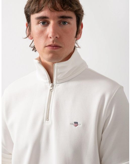 Gant White Regular Fit Shield Logo Half Zip Sweatshirt for men