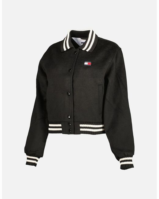 Tommy Hilfiger Black Ladies Cropped Wool Varsity Jacket