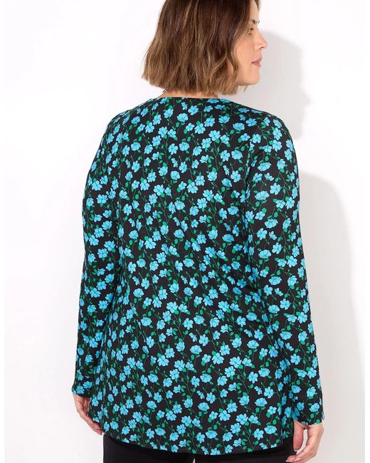 Live Unlimited London Blue Ditsy Pleat Front Jersey Top