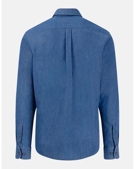 Fynch-Hatton Blue Washed Denim Button Down Shirt Misty for men