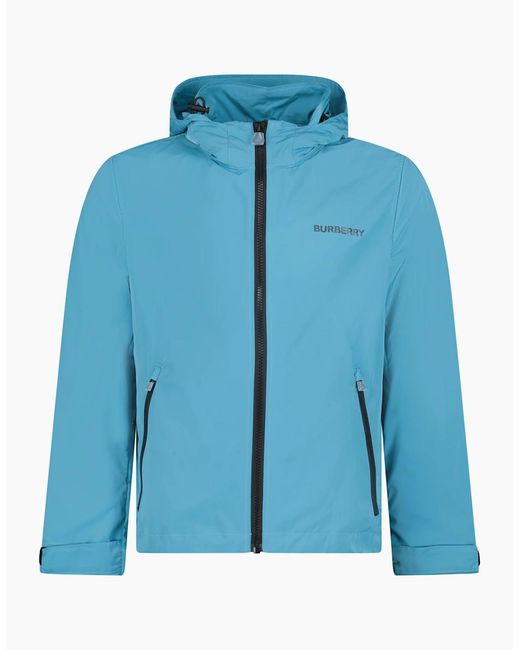 Burberry Blue 'Hargrave' Zip-Up Logo Hooded Rain Jacket for men