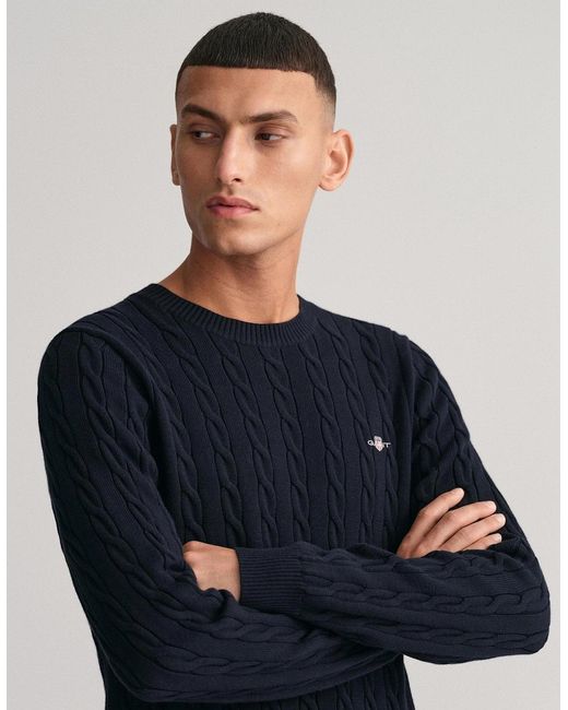 Gant Blue Cotton Cable Knit Crew Neck Jumper for men