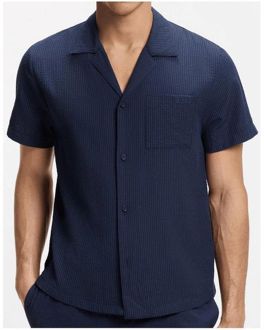 Boss Blue Relax Textured Beach Shirt for men
