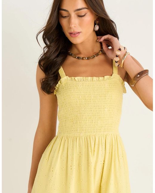 Gini London Yellow Embroidered Shirred Bodice Sun Dress