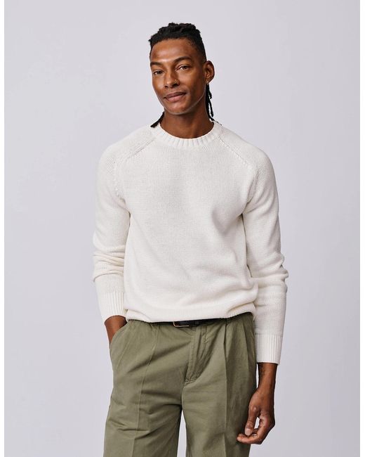 aubi White Lacey Cotton Linen Blend Crew Neck for men