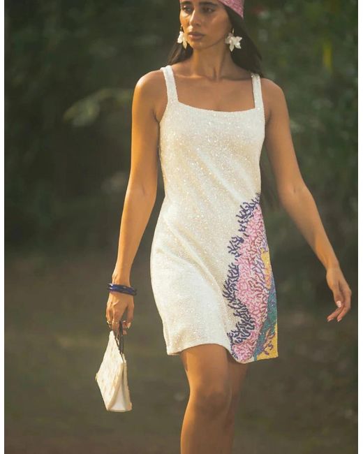 Oceanus White Adeline Coral Hand Beaded Mini Dress