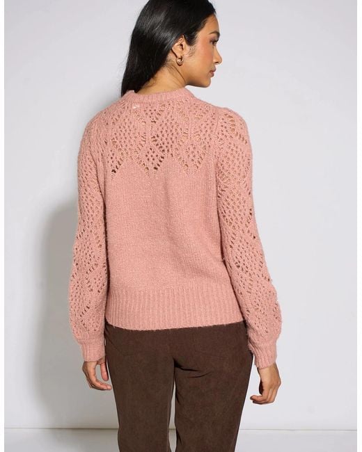 Gini London Pink Crochet Yoke Long Sleeve Jumper