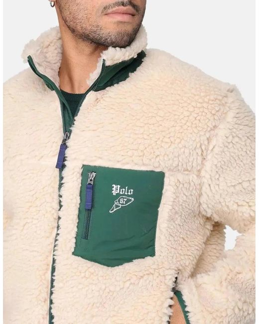 Ralph Lauren Natural Wool Borg Logo Sherpa Zip Through Fleece Ranch Cream for men