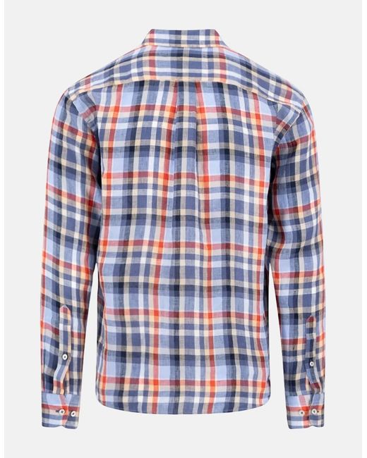 Fynch-Hatton Blue Check Pattern Pure Linen Button Down Shirt Spicy for men