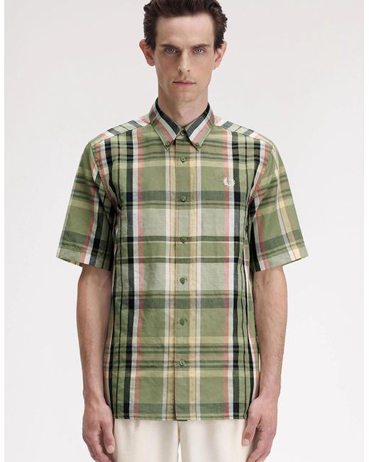 Fred Perry Green Madras Check Short Sleeve Shirt for men