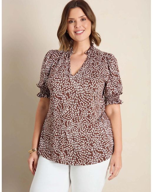 Live Unlimited London Brown Abstract Print Short Sleeve Jersey Top