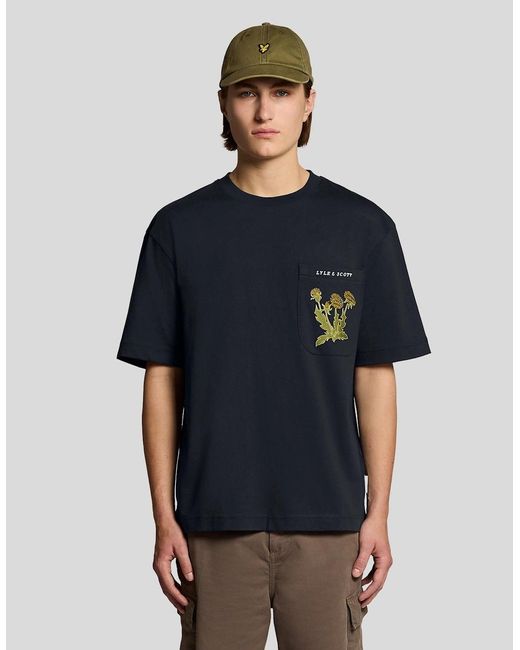 Lyle & Scott Blue Botanical Embroidered Pocket T-Shirt for men