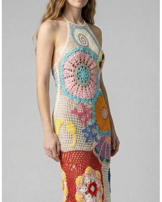Oceanus White Kaia Crochet Coral Multi Maxi Dress