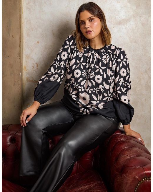 Live Unlimited London Black Graphic Floral Placement Blouse