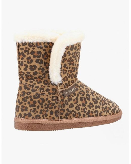 Hush Puppies Brown Ashleigh Suede Boot Slippers Leopard Print