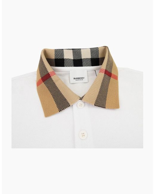 Burberry White Check Collar Cotton Polo Shirt for men