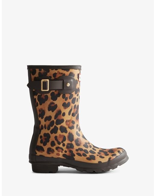 Hunter Brown Original Short Leopard Print Wellington Boots