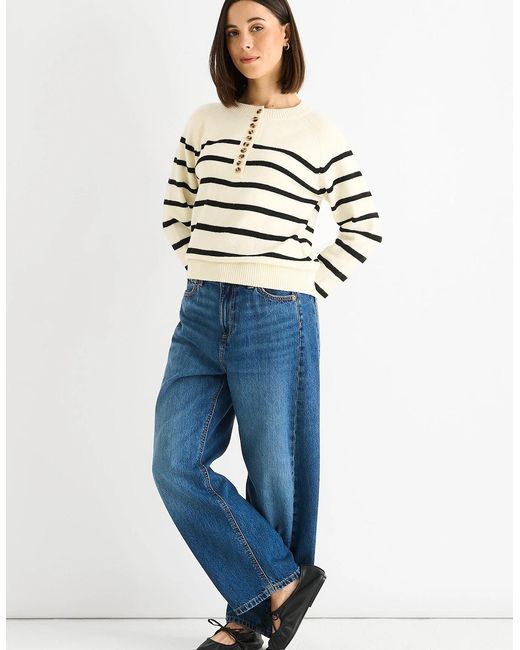 Gini London Blue Cream Recycle Mix Stripe Button Up Loose Fit Knit Jumper