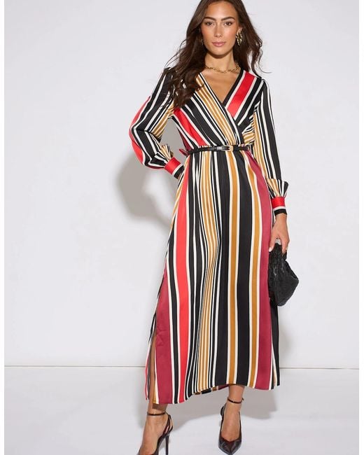 Gini London Red Multi Stripe Satin Wrap Midaxi Dress