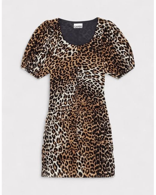 Ganni Black Ruched Mesh Mini Dress Leopard Print