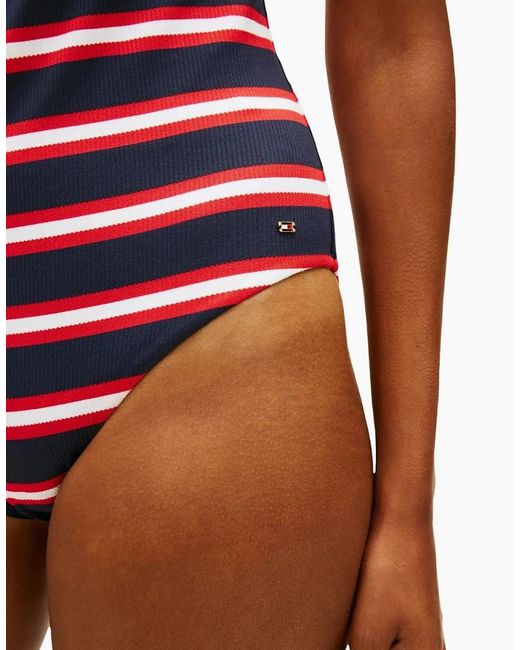 Tommy Hilfiger Red Th Texture Halterneck Swimsuit, New Preppy Stripe