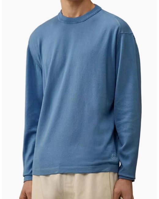 C P Company Blue Lisle Thread Crewneck Logo Knit for men