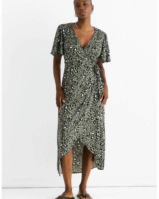 Gini London Green Khaki Animal Print Viscose Wrap Midi Dress