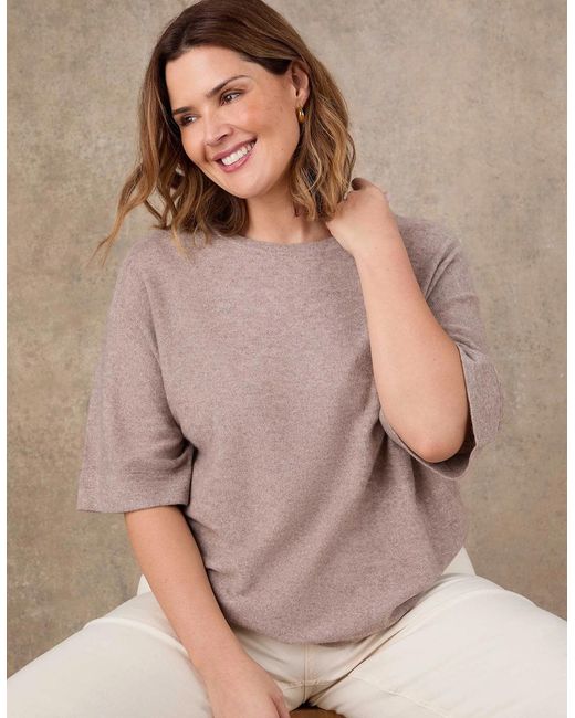 Live Unlimited London Natural Oatmeal Short Sleeve Knitted Jumper With Cashmere