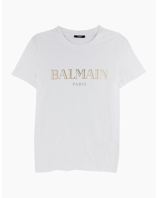 Balmain White Logo Print Cotton T Shirt for men