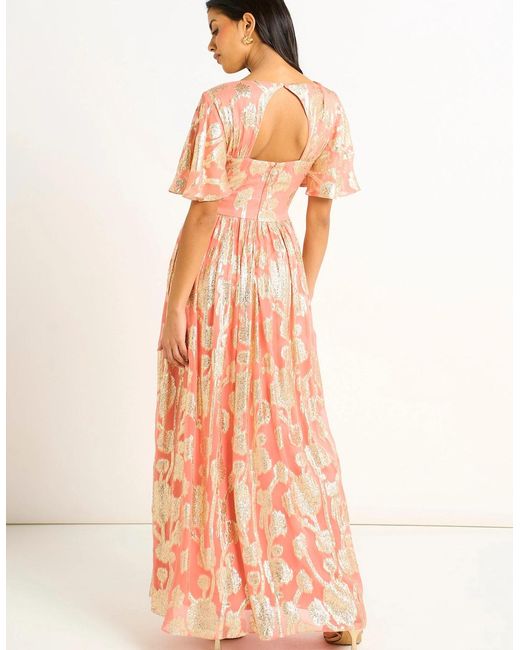 Gini London Multicolor Metallic Jacquard Flutter Sleeves Floral Maxi Dress