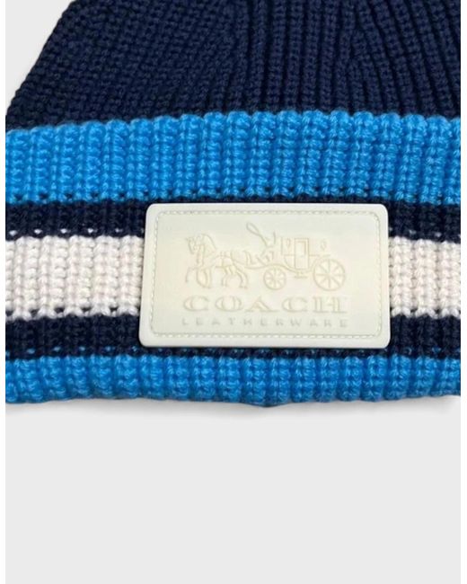COACH Blue Ribbed Knit Varsity Stripe Patch Beanie