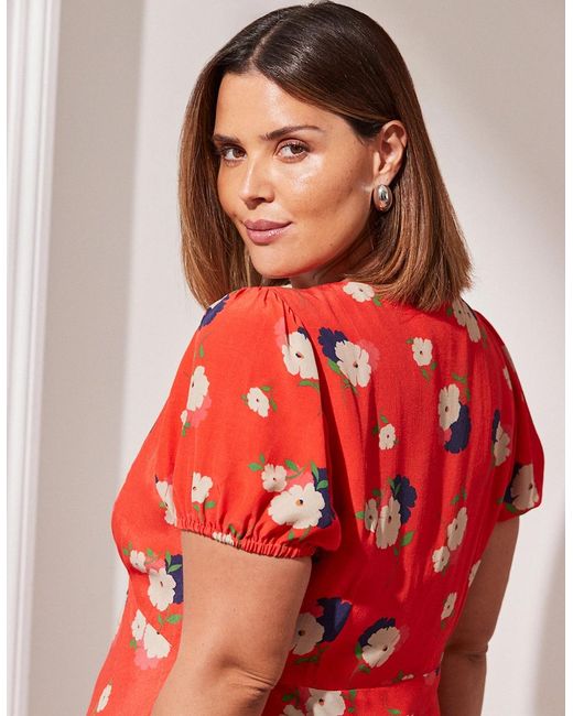 Live Unlimited London Red Floral Puff Sleeve Midi Dress
