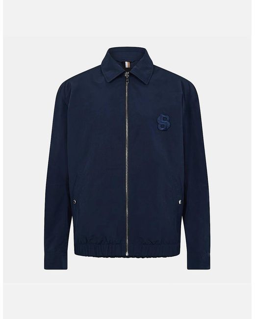 Boss Blue Caligola Solid Patterned Embroidered Harrington Jacket for men