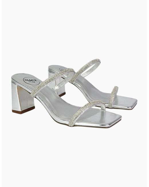 XY London Ladies Holden Diamante Metallic Medium Block Heel Mule Sandals