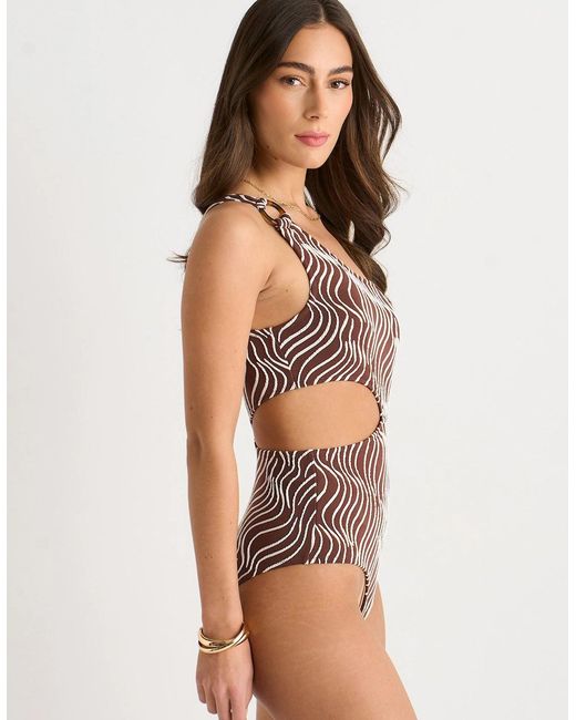 Gini London Brown Wave Print One-Shoulder Cutout Swimsuit