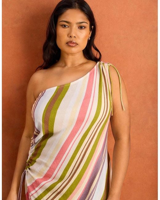 Live Unlimited London Brown Stripe One Shoulder Linen Blend Midaxi Dress
