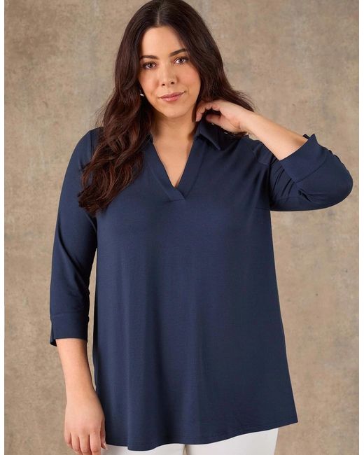 Live Unlimited London Blue 3/4 Sleeve Collared V-Neck Jersey Top