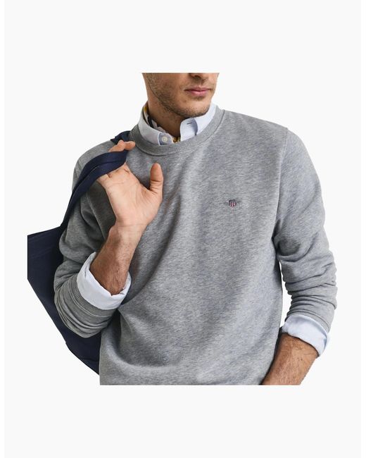 Gant Gray Shield Crew Neck Sweatshirt Pullover French Terry Graphic Embroidered for men