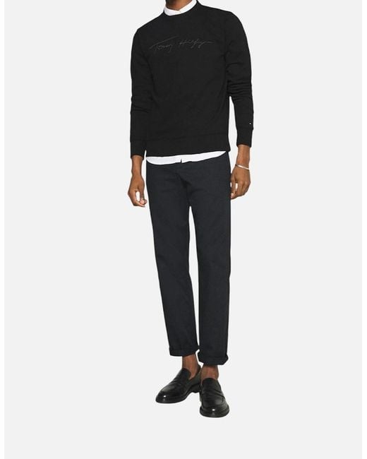 Tommy Hilfiger Black Sweatshirt Signature Embossed Logo Fleece Pullover Crew Neck for men