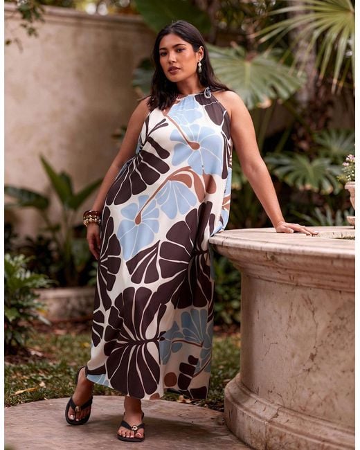 Live Unlimited London Brown And Floral Print Halter Neck Maxi Dress