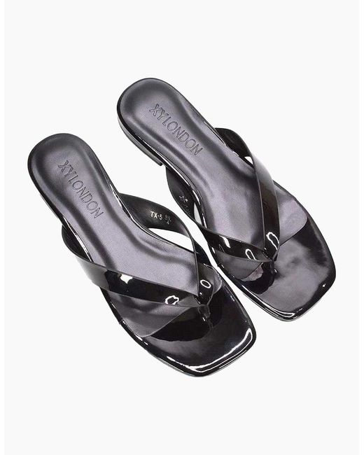 XY London Black Ladies Rio Patent Thong Strap Square Flip Flops