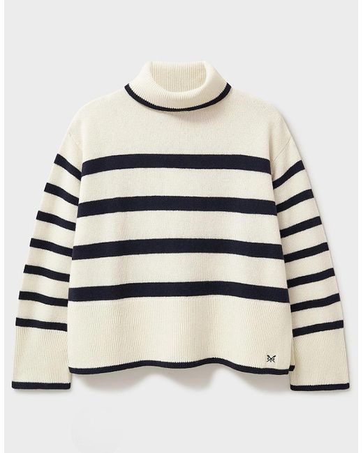 Crew Natural Roll Neck Merino Wool Stripe Jumper Ivory And